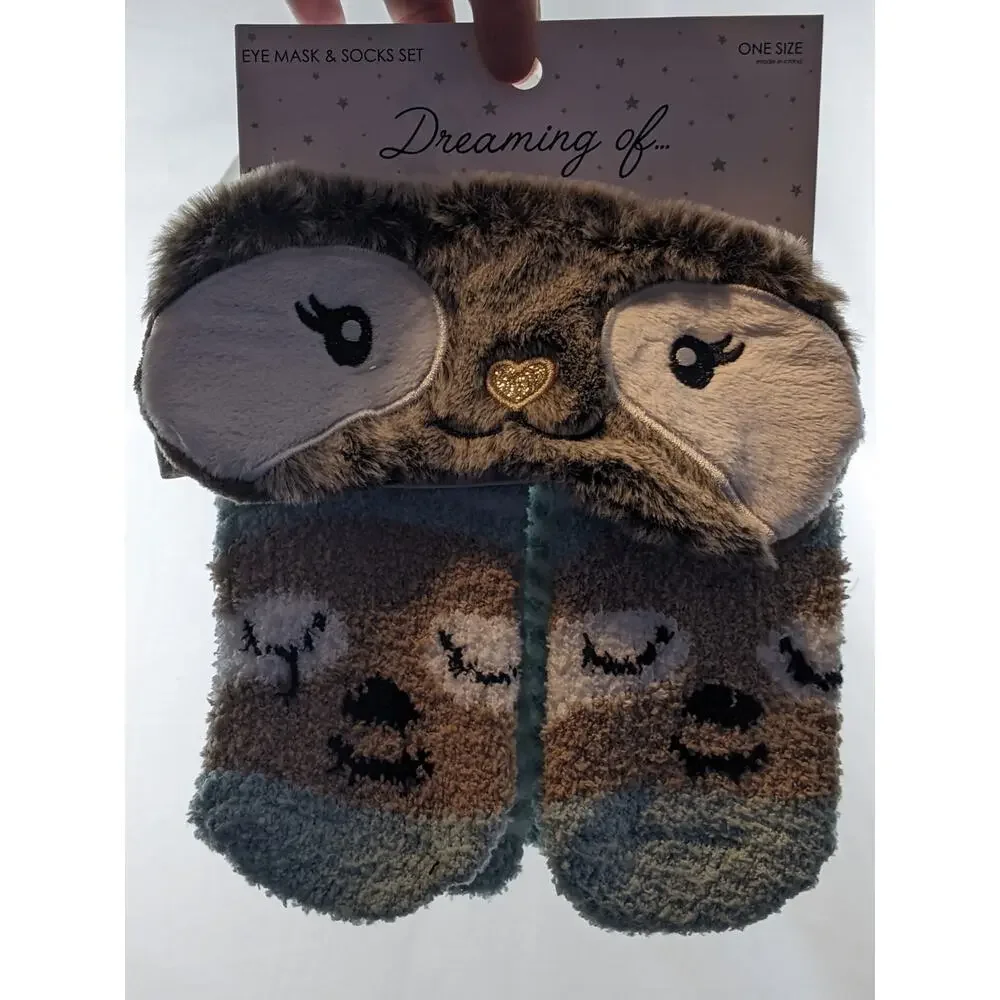 Sloth‎ Faux Fur Eye Mask & Cozy Socks Set Brown Mint 4-10 Soft Smooth New Womens